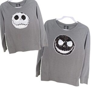 🍀 The Nightmare Before Christmas Sequin Jack Skellington Head Gray Sweatshirt S